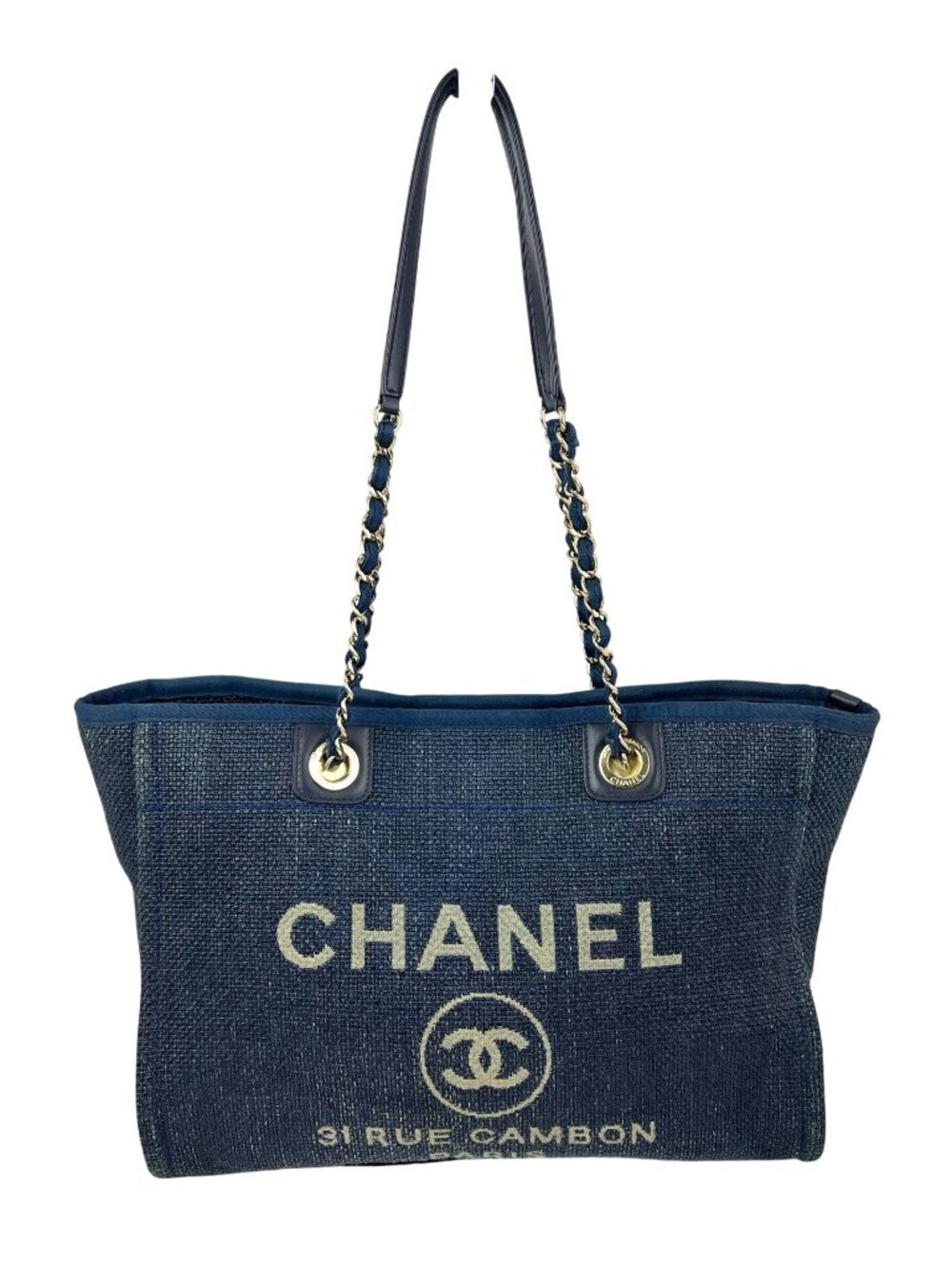 Chanel Woven Blue Small Deauville Straw Raffia Tote Bag